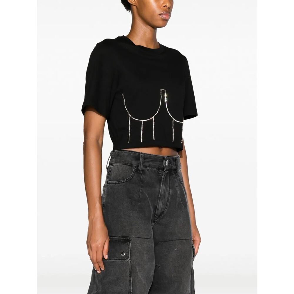 Sandro Strassy Bustier Cropped Tee Black Cotton Rhinestones Paris Medium